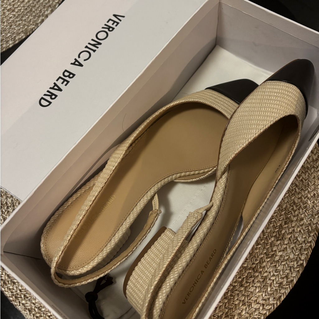 New Veronica Beard Cecile Sling Back Natural Black 8.5 Raffia Leather Block Heel